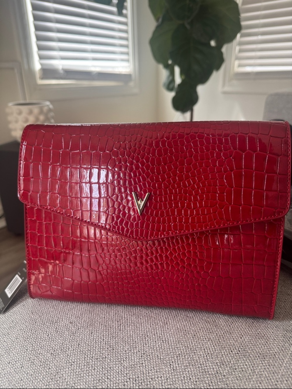 Vanessa Williams Red Croc-Embossed Envelope Clutch with Gold V Accent